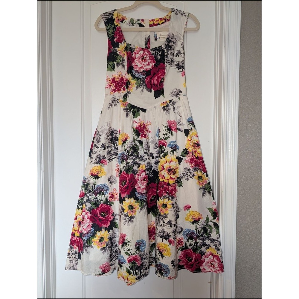 Anthropologie Floral Toile Midi Dress White Pink Cotton Square Neck 4
